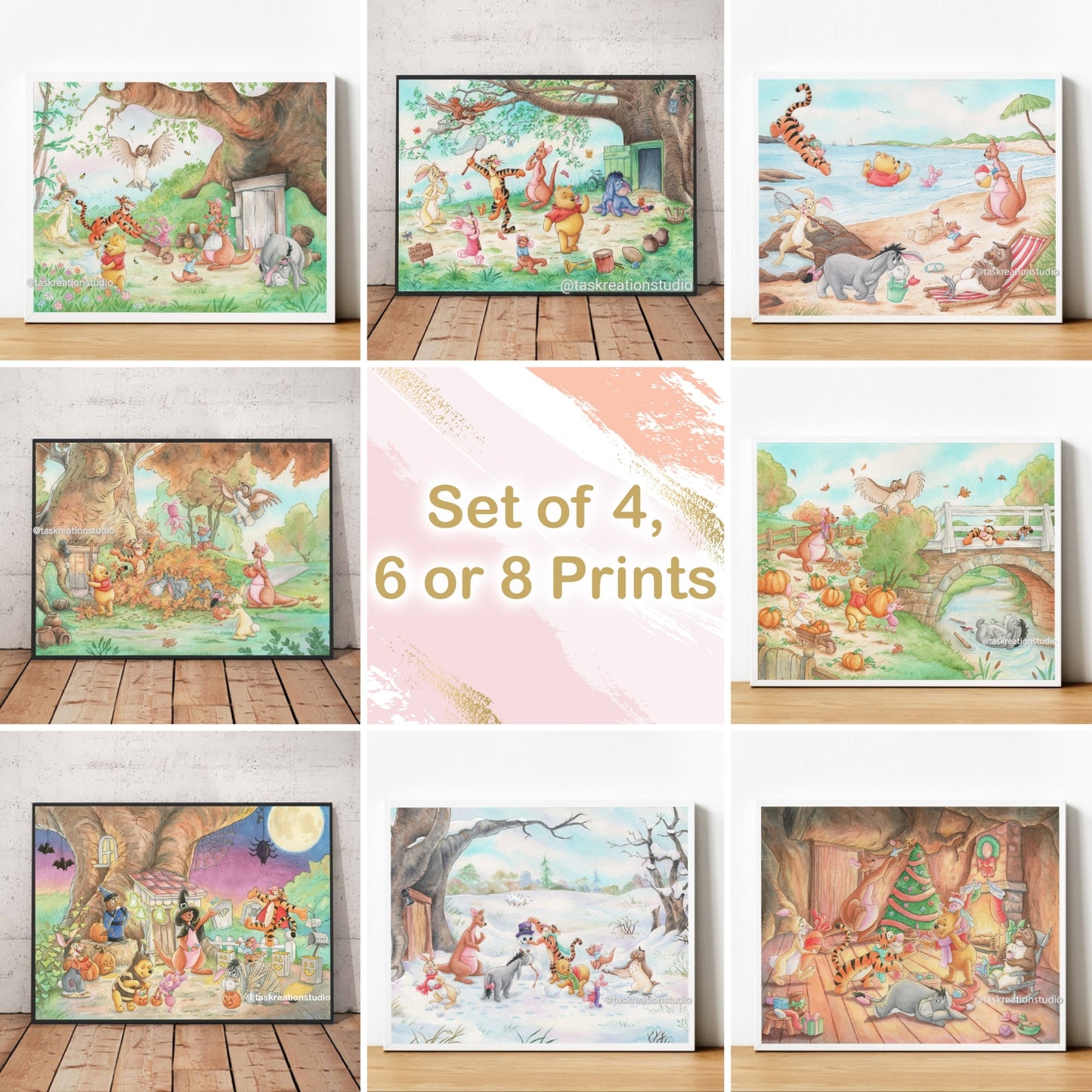 Set of 4, 6 or 8 Woodland Seasons Prints