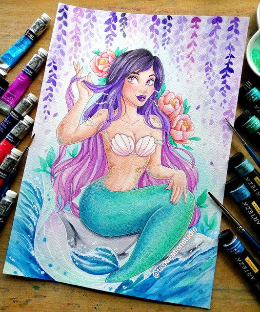 Original Watercolour Viola Mermaid OC Painting