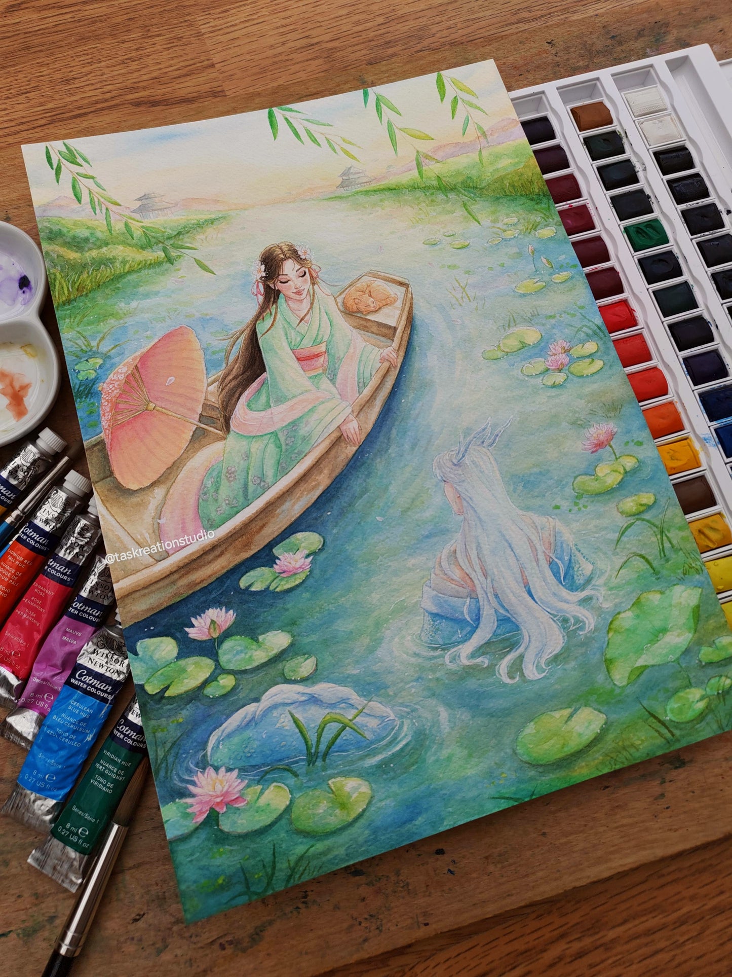 Original Watercolour Princess & Dragon Sea God Painting