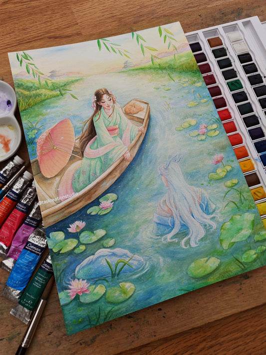 Original Watercolour Princess & Dragon Sea God Painting