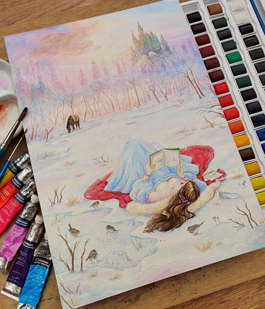 Original Watercolour Princess & Robins Painting